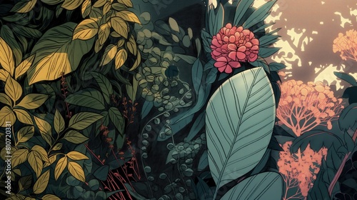 Na obrazie znajdują się szczegółowe ilustracje botanicznych okazów kwiatów i liści. Są one ułożone w sposób regularny, tworząc przyjemny widok na ścianie