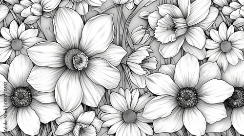 coloring book Black and white image of a variety of flowers.