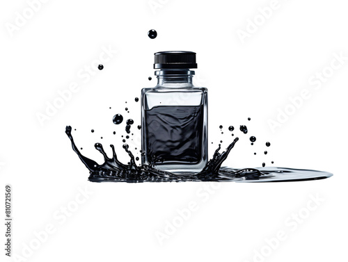 a glass bottle with a black liquid splashing out of it