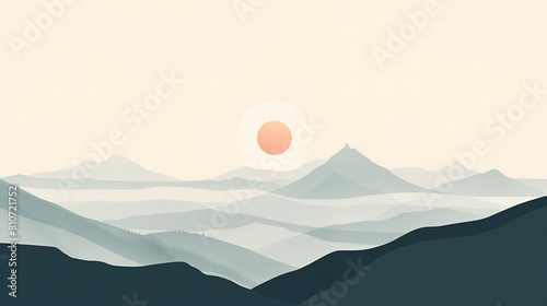 Obraz przedstawia pasmo górskie z słońcem w oddali. Słońce delikatnie oświetla szczyty gór, tworząc kontrast między światłem a cieniem