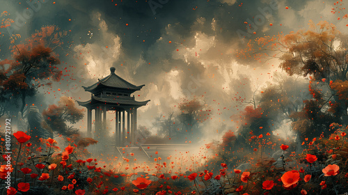 there is a picture of a pagoda in the middle of a field of flowers