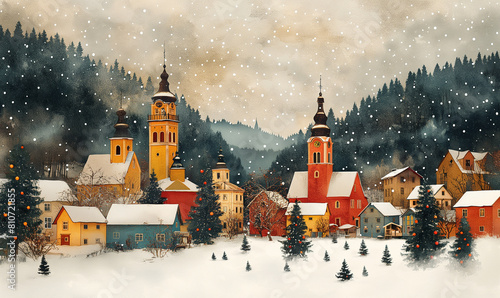 snowy scene of a village with a church and a church steeple