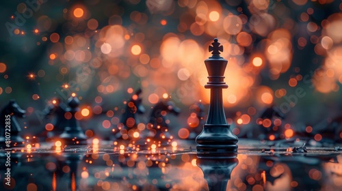 Majestic chess queen stands tall amid a bokeh of warm glowing lights