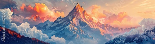 Fantasy scenes of a towering mountain peak, captured in paper cut styles, with an overlay of illustration template for artistic depth