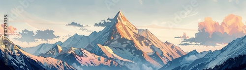 Fantasy scenes of a towering mountain peak, captured in paper cut styles, with an overlay of illustration template for artistic depth