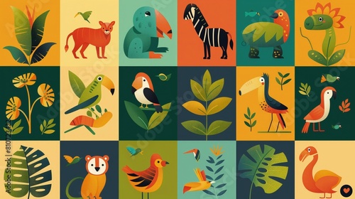 Na ilustracji widzimy grupę różnych typów zwierząt i roślin. Zwierzęta wydają się bawić i eksplorować otoczenie, podczas gdy rośliny rosną w różnych kształtach i kolorach