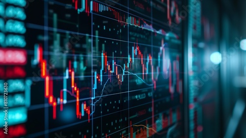 Detailed analysis display: investment trading metrics and trends on stock exchange market monitor - In-depth financial data visualization