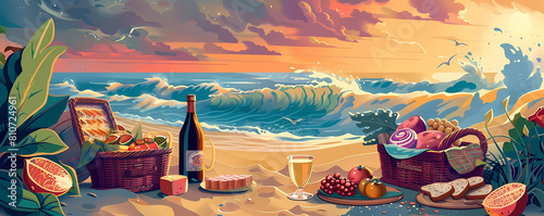 summer beach picnic illustration featuring a wicker basket filled with food and drinks, accompanied by a bottle of wine