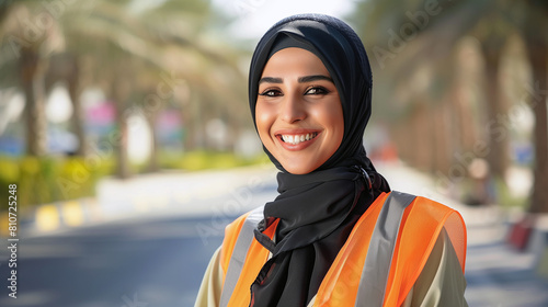 Emirati Arabic female wearing Hijab headscarf and protective vest while at road street outdoors. Working Arab employee on duty, emirates, dubai, saudi, UAE, emir