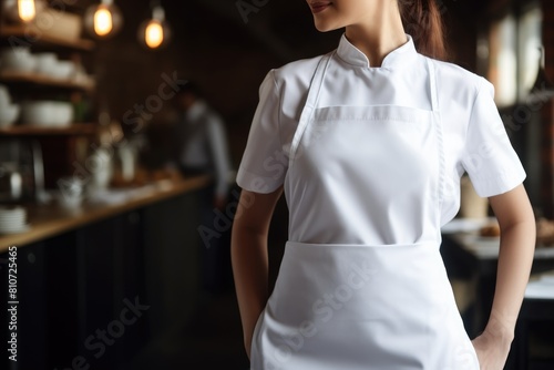 white apron for mockup. Beautiful female chef is wearing an apron in the kitchen