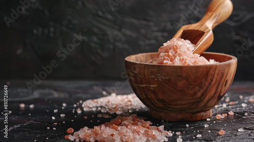 Wooden bowl and scoop with Himalayan pink salt on dark
