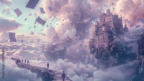 Surrealism of an insurance policy enveloped by whimsical, floating riders and endorsements in a magical realism setting, under a pastel gothic sky