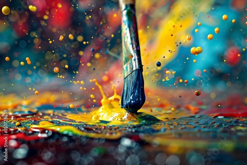 A close-up of a paintbrush flicking vibrant droplets of water onto a canvas, capturing dynamic motion
