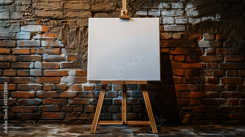Wooden easel with blank canvas near brown brick wall