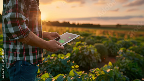 Crop farmer using AI technology on smart pad to improve farming efficiency and agricultural processes - Generated by Generative AI