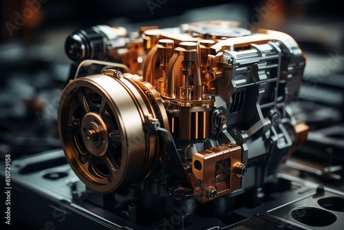 A robust engine in motion, mechanical parts glistening, showcasing power and innovation, ideal for technology ads