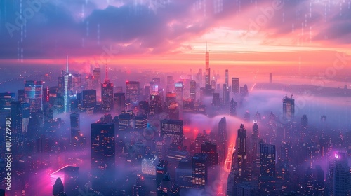 High-tech urban skyline glows with digital arteries in a pre-dawn haze