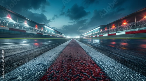 Nighttime view of a race track finish line ready for high-speed action