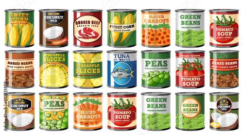 Colorful vector illustration of various canned goods