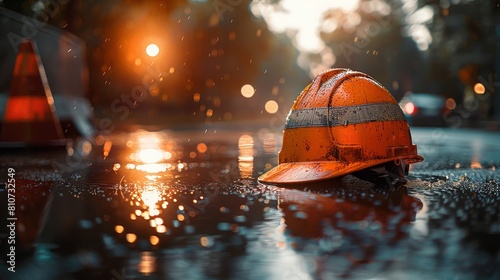 Weathered safety helmet and traffic cone on a wet urban road at sunrise