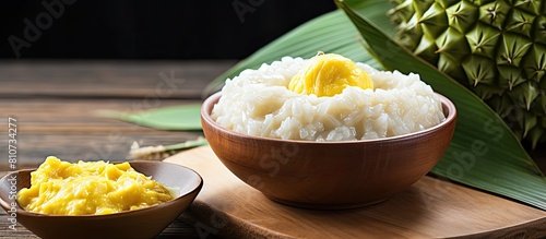 A delicious and creamy combination of sticky rice and durian cooked in coconut milk and presented in a bowl on a wooden table The image provides copy space for recipes articles or commercial use