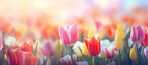 Tulip flowers blooming in a beautiful display. Creative banner. Copyspace image