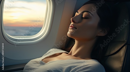 A young pretty girl sleeps near the airplane window during a flight. A tired girl dozes on an airplane with a view of the sunset, dawn.