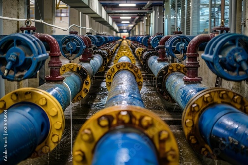 A row of industrial pipes lined up next to each other at a wastewater treatment plant