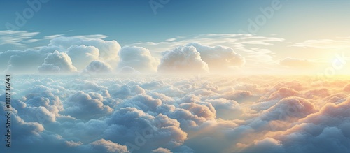 A breathtaking scene of dramatic storm clouds illuminated by soft sunlight creates an epic and ornamental cloudscape in the sky This panoramic image offers a perfect background for graphic design pro