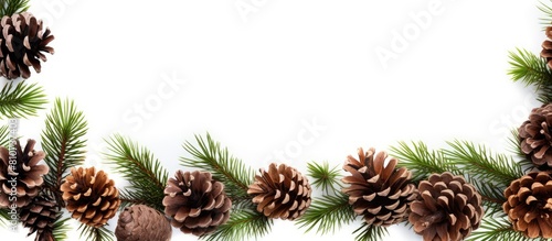 Isolated on a white background there is a Christmas border frame featuring tree branches and pine cones providing ample space for text or image placement