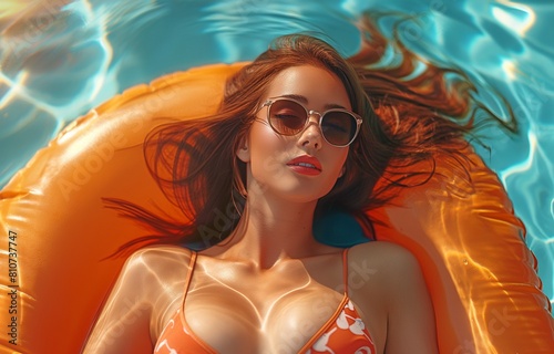 Brunette female resting and grinning while sunbathing in the summertime in the pool while wearing sunglasses and a huggable float