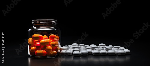 A pill bottle and pills are shown in an isolated black setup representing the concept of a pharmacy The image includes copy space