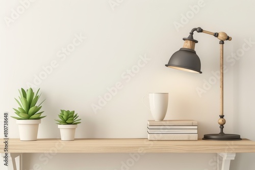 Modern Desk Setup with Black Desk Lamp, Books, and Green Plant 