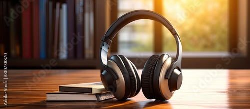 A contemporary arrangement of headphones and hardcover books placed on a wooden table with available space for inserting textual content. Creative banner. Copyspace image