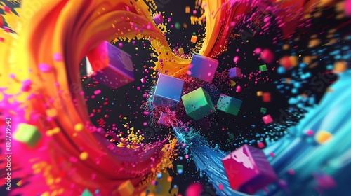 Clowncore style colorful background with twisting elements and cubes in joyful fusion