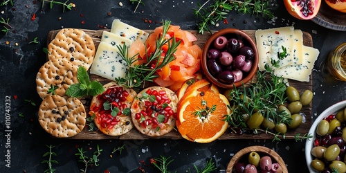 Oatcakes with cheese, fruit, sardines and olives.