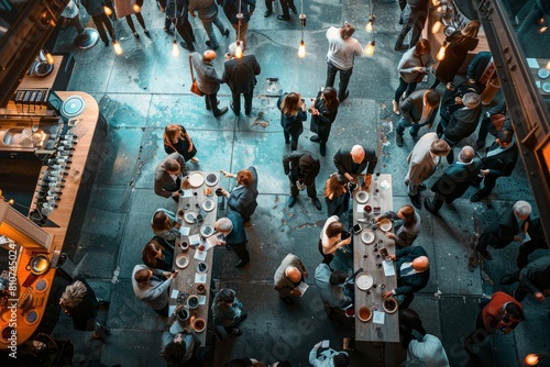 A group of professionals stand outside a restaurant engaged in conversation and networking during an industry event