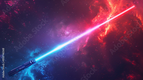 May The 4th Be With You. Vector illustration with glowing swords and stars, Blue, red, green, pink and yellow laser sword light saber set isolated on starry black galaxy background. Generative Ai 