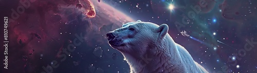 A serene polar bear peacefully gazing at the stars in the midst of an interstellar war