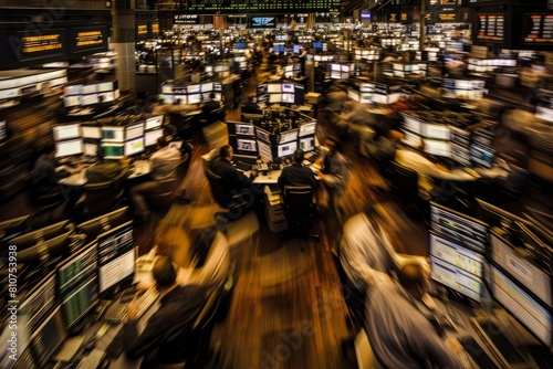 A bustling stock market trading floor filled with numerous computer monitors, capturing the fast-paced action of traders at work