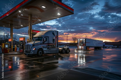 A semi truck parked at a gas station, refueling under the bright lights of the station, showcasing a typical scene on the road