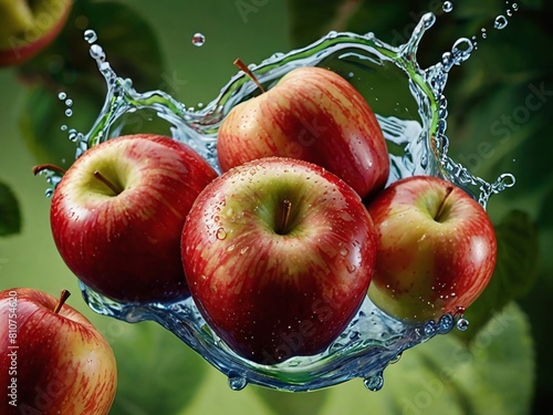 fresh, red apples with a water splash, set against a vibrant background, highlighting the crispness and juiciness of the fruit, perfect for a healthy food concept