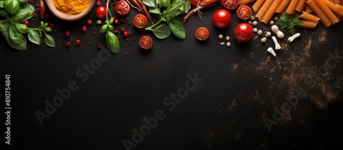 A top down view of a background with Italian food featuring uncooked penne pasta tomato basil parmesan cheese olive oil spices tomato sauce and fresh tomatoes copy space image