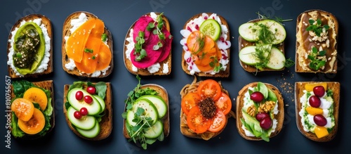 A diverse selection of open sandwiches adorned with nutritious toppings perfect for a copy space image