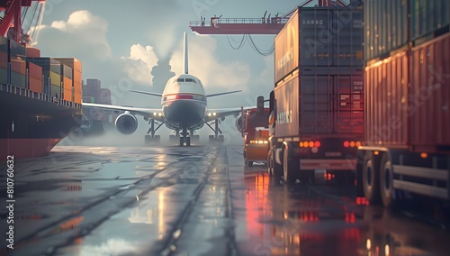 Photo of an airplane, cargo ship and truck on the highway with containers in background. On the left side is a white plane parked at an airport runway, next to it there's a yellow semitruck carrying a