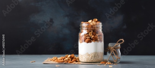 A healthy breakfast option of homemade granola or oat flakes presented in a mason jar on a gray background with a napkin providing ample space for text or additional images