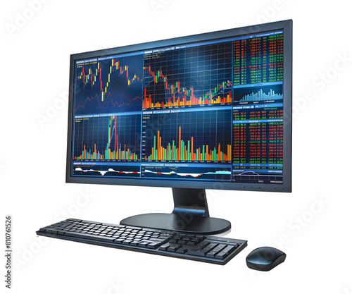 A business computer with stock market graph or forex and cryptocurrency isolated on white transparent background, PNG File. Perfect for clipart 