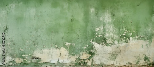 The aging building s green plaster walls show signs of peeling caused by both humidity and time providing a visually appealing copy space image