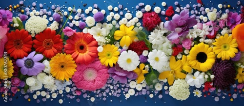 Flower seeds arranged in a colorful garden ensemble during spring and summer creating a vibrant mix of flowers includes the phrase copy space image