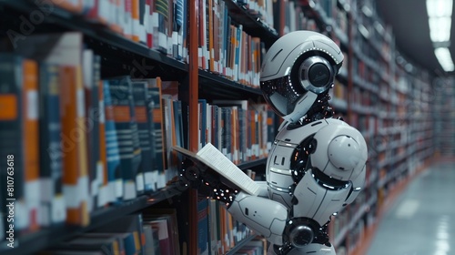 Futuristic technology concept Robot immersed in reading from a vast array of textbooks in the library 8K , high-resolution, ultra HD,up32K HD